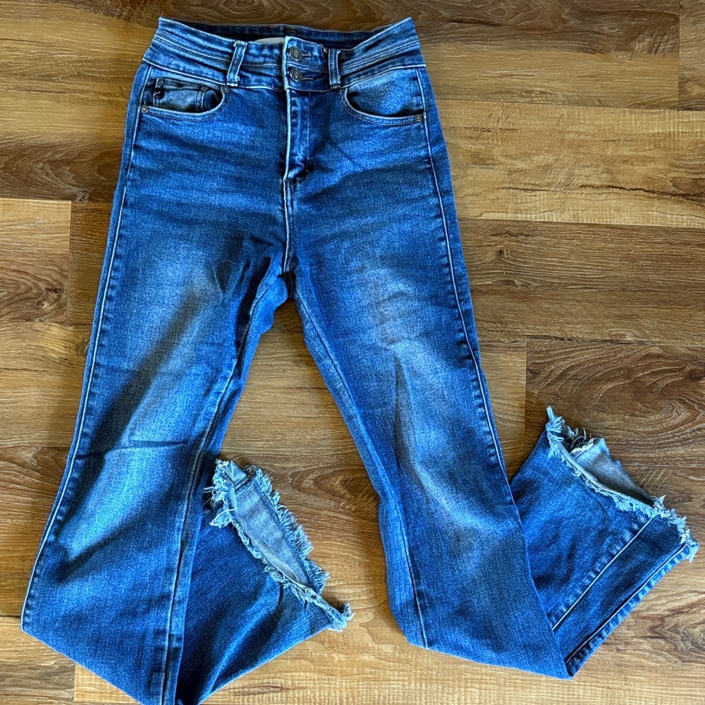 KanCan Dark Blue Flare Jeans with Frayed Hem